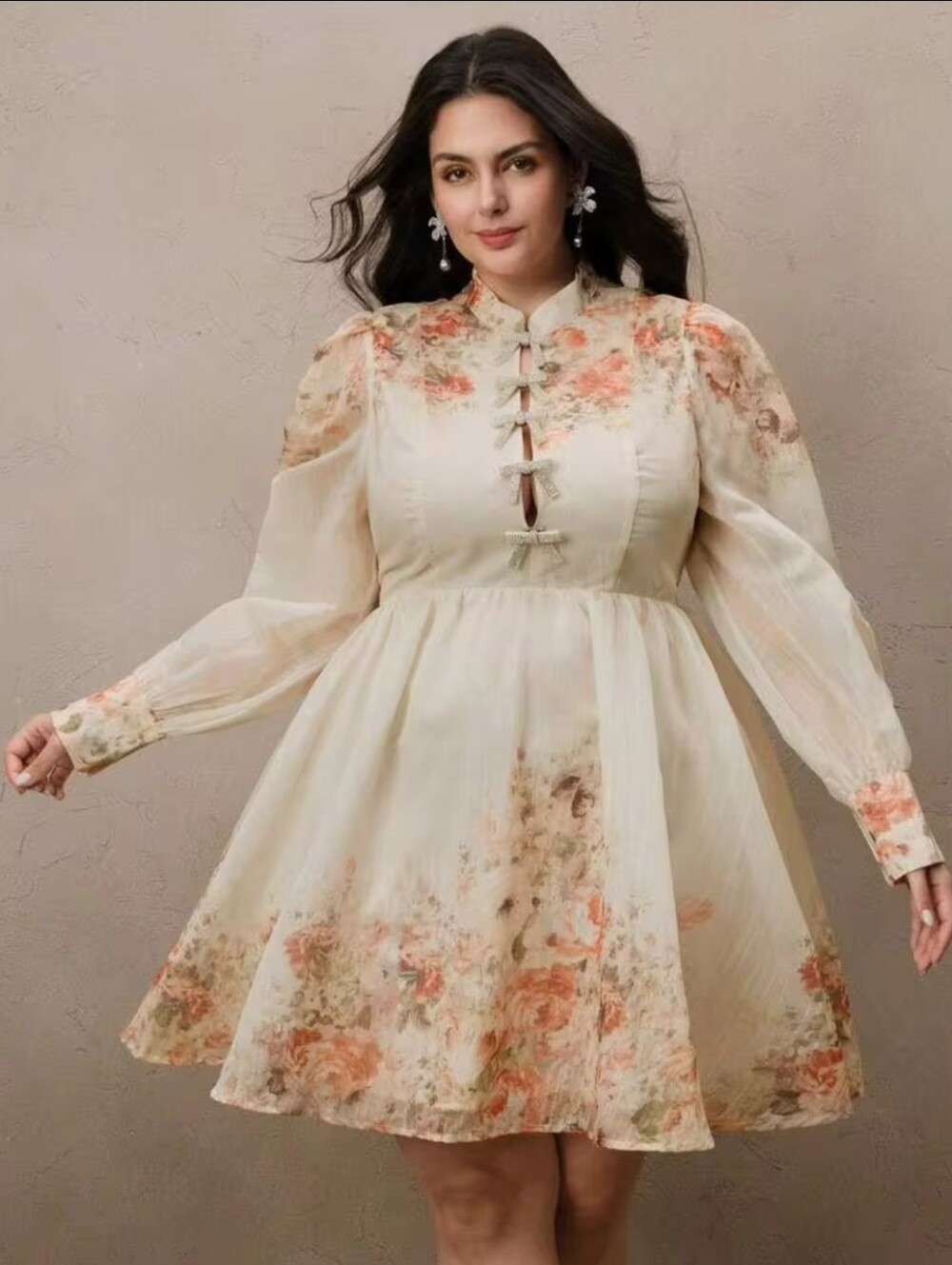 Cream Floral Long-Sleeve Fit & Flare Dress with Mandarin Collar